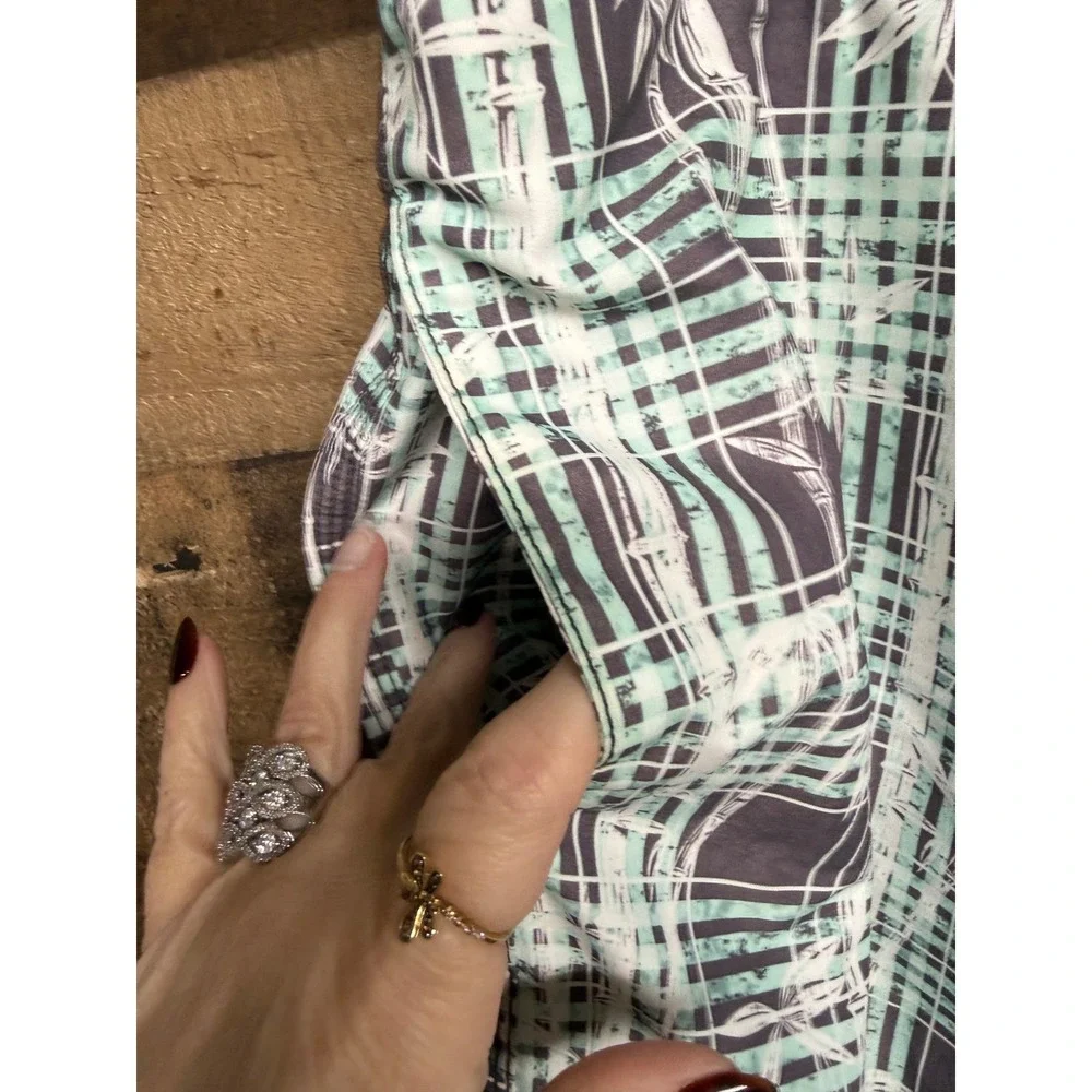 Tommy Bahama Mens‎ Plaid Bamboo Print Swim Trunks Grey Mint Green Board Shorts L